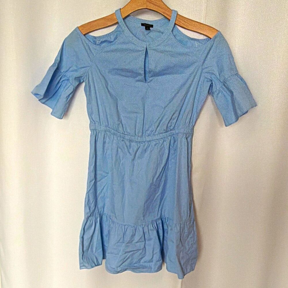 Ann Taylor Blue/White Striped Round Neck Cold Shoulder A-Line Short Dress 6
